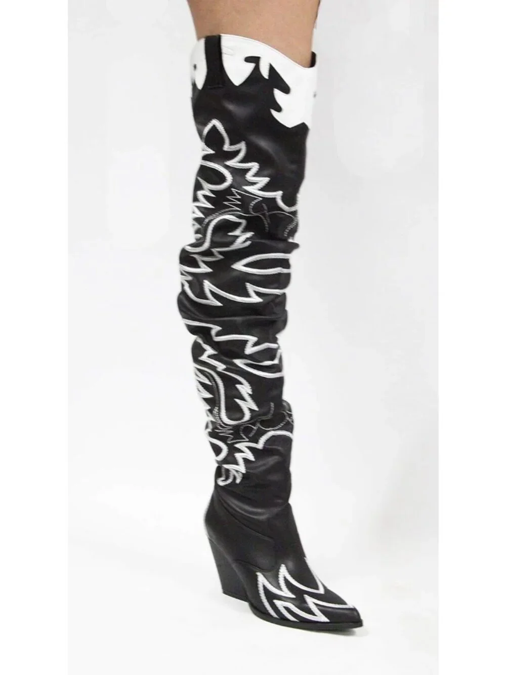 Women's Black White Western Chunky Heel High Slip Resistant Block Heels Boots - Picture 6 of 6